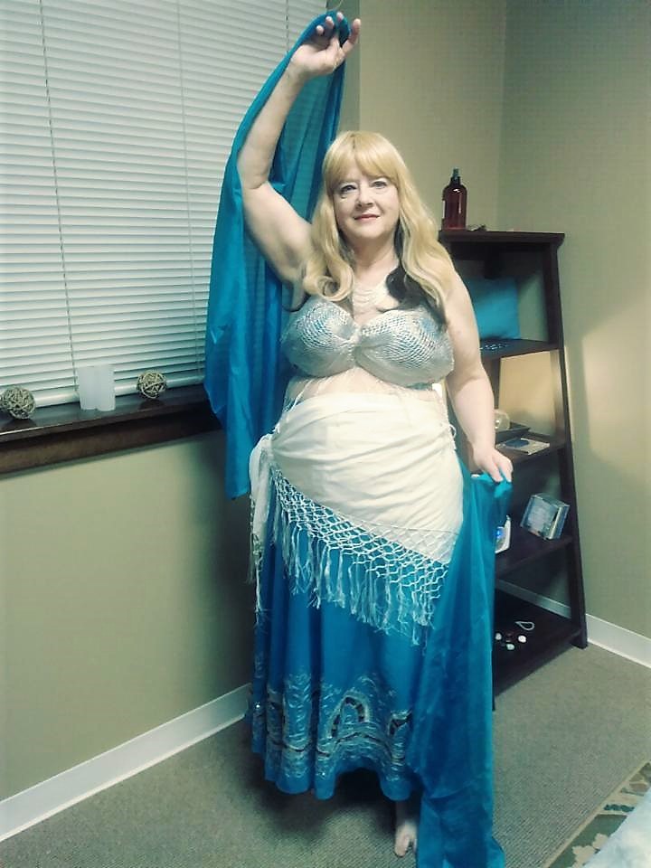 Turquoise and sliver belly dancing costume from a sari.