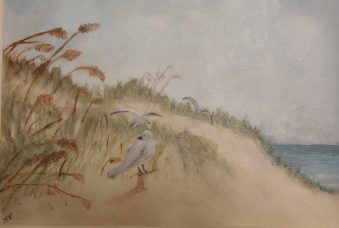 Oil painting of sandy beach by Aunt Helen.